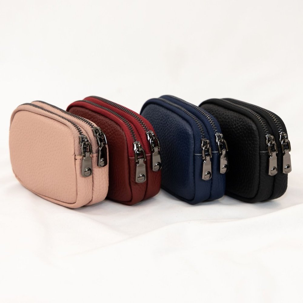 Genuine leather double zipper coin purse